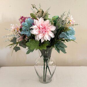 Upcycled Handcrafted Artificial Floral Arrangement Blue Green Pink Flowers OOAK